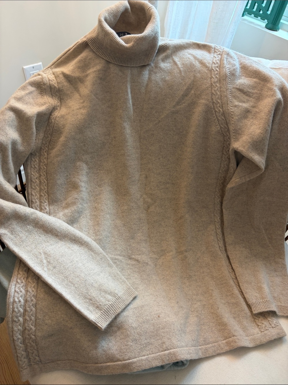 Classic Beige Cable-Trim Turtleneck Sweater